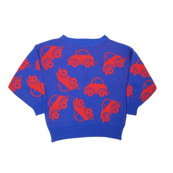 Vintage Sweaters - Vintage 80s Fetagetti Blue and Red Car Print Sweater